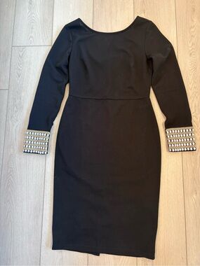 Lulu's Black Long Sleeve Sheath Dress with Pearl & Rhinestone Cuffs